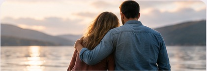 A couple standing together by the water